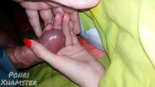 My stepsister's hand is covered in precum and then thick cum