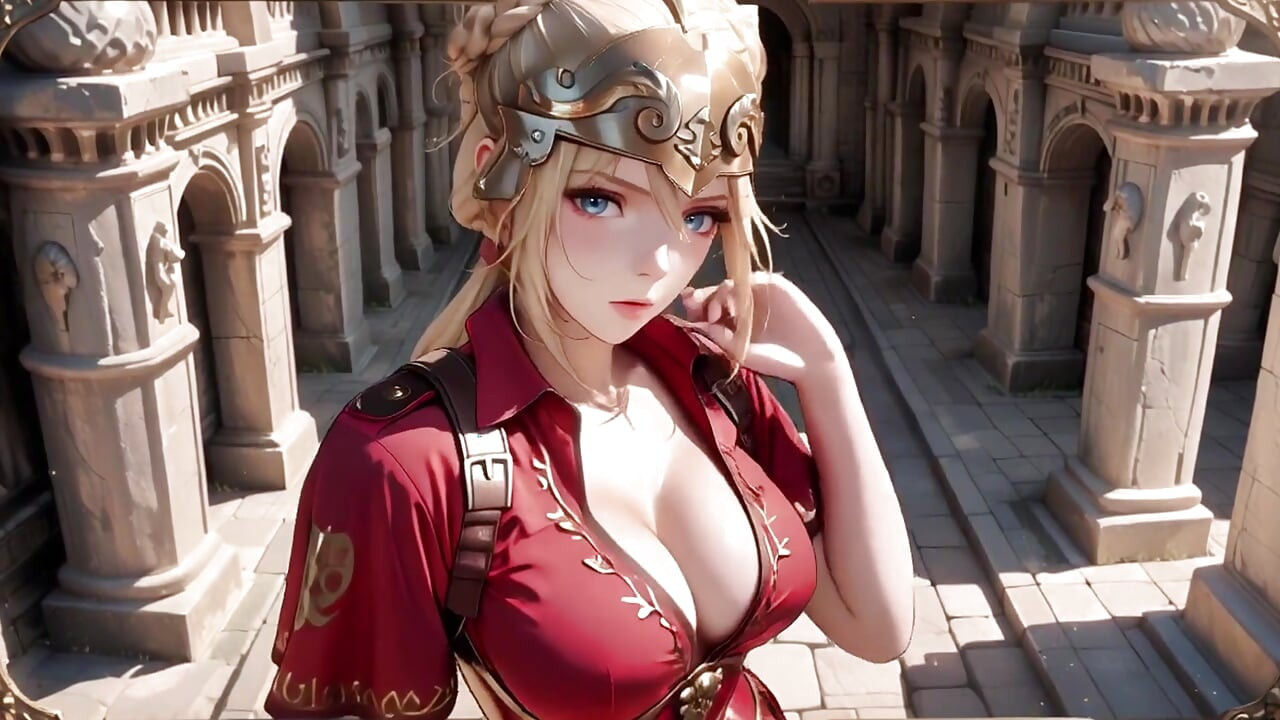 Red Armor Queen! Forbidden Gaze in the Roman Corridor, Skirt Lift Reveal, Hand on Lips Teasing You...