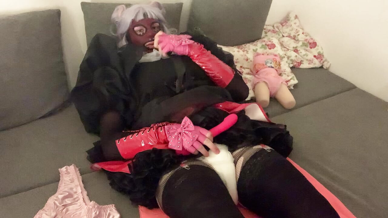 Frilly Little Failure in Pink & Black - Sissy Slut Humps Her Tiny Caged Clitty with a Big Vibrator While Mommy Watches