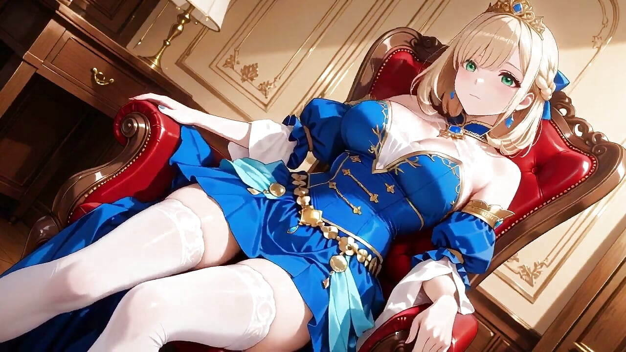 Blue-gold Gown Hugs Her Curves, Languidly Lifting Skirts & Wet Eyes Teasing You. Who Can Oppose This Contrast?