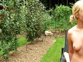 Sweet blonde babe from France fucking in the backyard