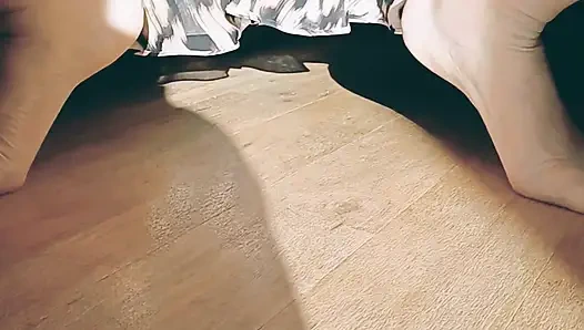 Horny mature squats, spreads and fingers her gaping cunt