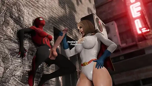 Силовая девушка наклонилась, человек-паук сзади - кроссовер на века