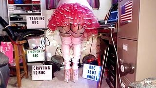 Slut-dancing with slow QOS sissy panties striptease in pink tutu and 9" BBC SLUT platform stiletto boots.