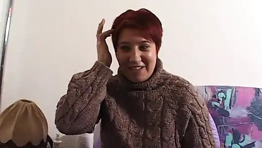 Chubby redhead slut toys her hairy cunt at the casting