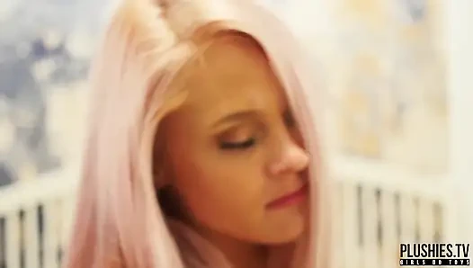 Shy pink hair student dancing naked with stuffed toy