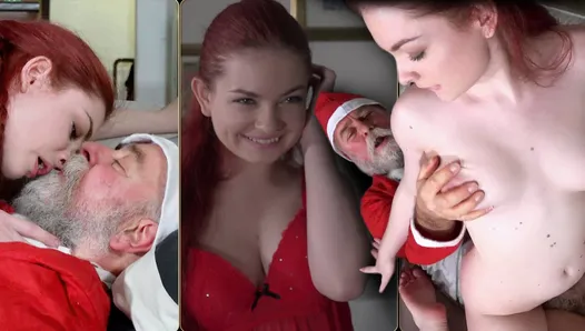 Le père Noël baise une jolie petite rousse dans sa douce chatte étroite pour Noël