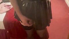 Hotel black shiny dress and high heel ankle boots cum tease
