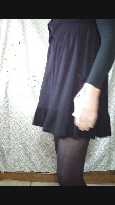 CD, black pantyhose, dress. Masturbates and cum.