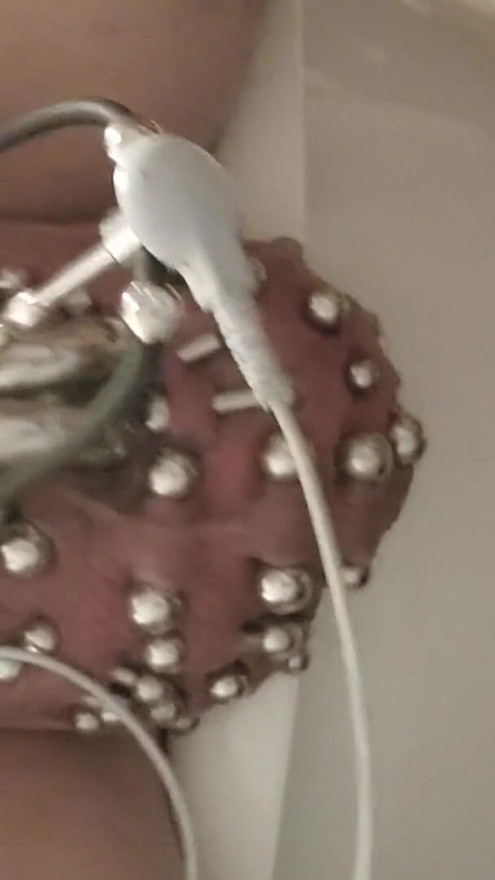 Showing of my 2x 00 gauge prince albert piercings ,heavily pierced scrotum estim play until I cum | Clip 1