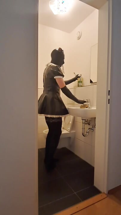Caged Sissy Maid Slave - Cleaning the Bathroom for Mistress and Her Boyfriend