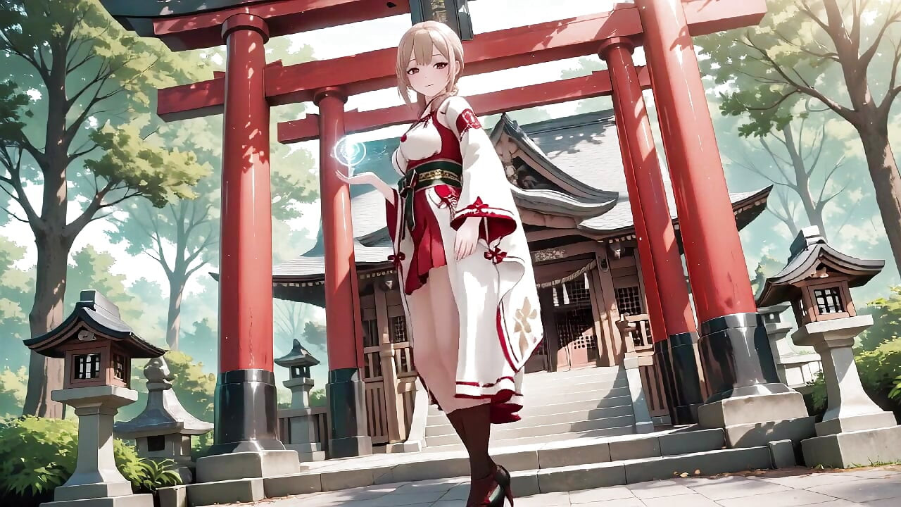 Red & White Miko! Forbidden Encounter at the Shrine, Golden Hair Trembling Under Sacred Robes, From Solemn Kneel to Blurry Gaze