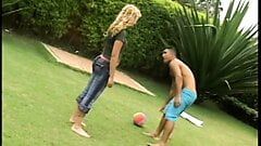 Curly Latin blonde gets all her holes penetrated on grass