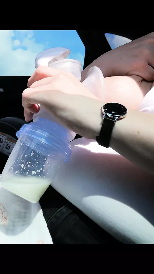 Pumping my big milk tits empty in the car