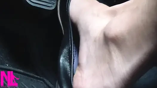 Revving and Driving in Black Leather Flats on Barefeet