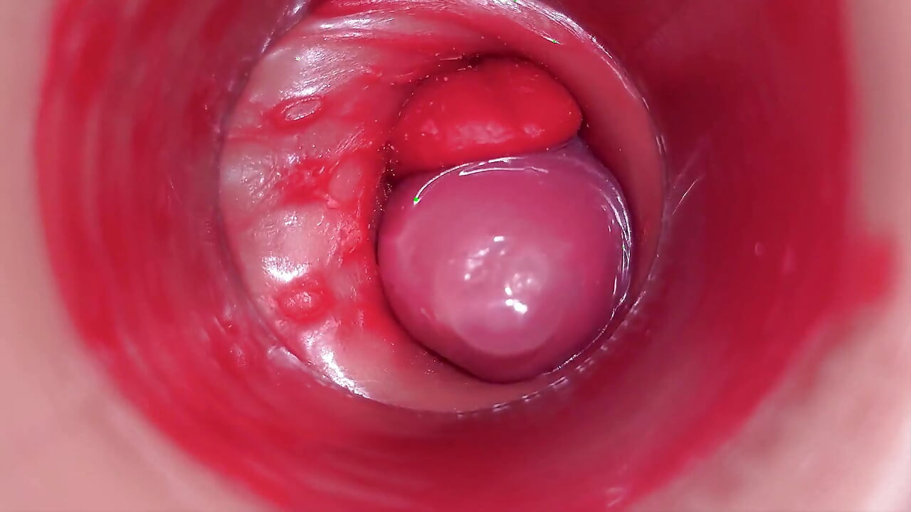 Inni en camgirl livmor POV-kamera i vagina med stor dildo