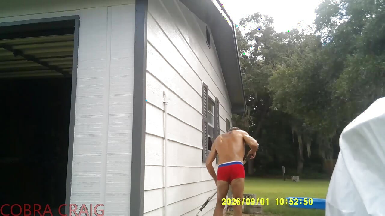 9-1-2026 COBRA CRAIG PAINTS IN HIS TINY RED SHORTS. 64YO. IN THE HEAT AND HUMIDITY.  ROCKS IT