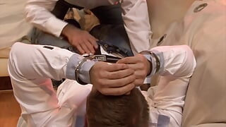 While wearing the cuffs he has been fucked on the sofa by