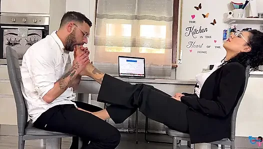 The Colleague with Sore Feet Gets Them Massaged and Licked with Pantyhose, in Exchange for a Blowjob