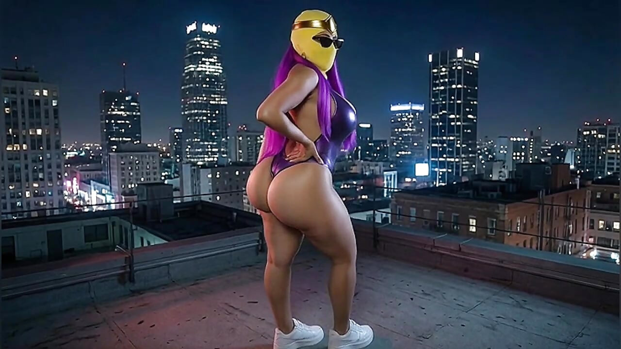 Petite Big Ass Purple Superheroine Twerking on the Rooftop