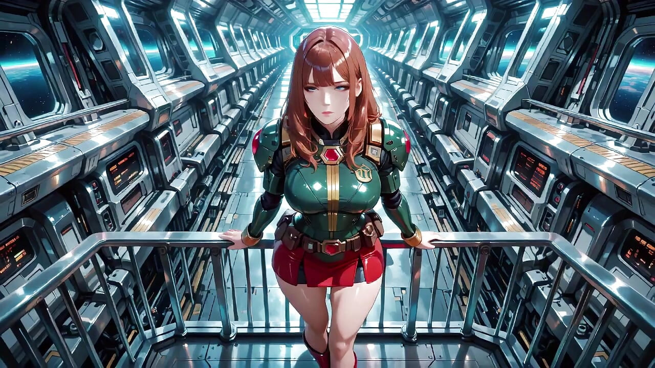 Inside the Sci-Fi Train, she wears a tight green armor, touching her red lips while gazing at the galaxy through the porthole.
