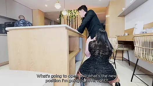 A BIG-ASS WIFE SWALLOWS A COCK WHILE HER HUSBAND ROASTS IN THE MARKET