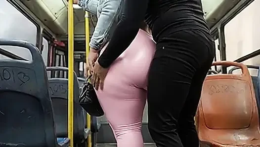 "Balaclava BBW Gets Ass  in Tight Shiny Pink Pants - Public Bus"