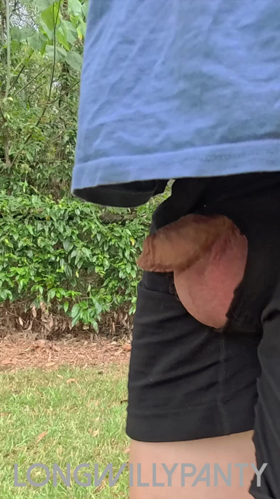 Straight amateur guy walks with dick poking out of exposed shorts