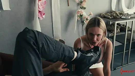 Depraved PAWG Rebel Rhyder slurps huge volume of saved-up cum off boots, ass, and floor