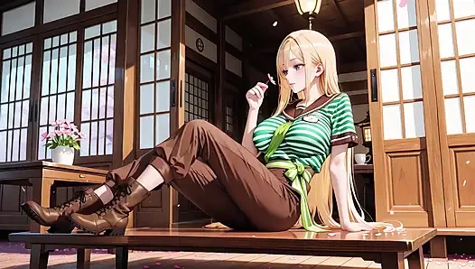 She sips beer while fixing her apron, revealing creamy cleavage.