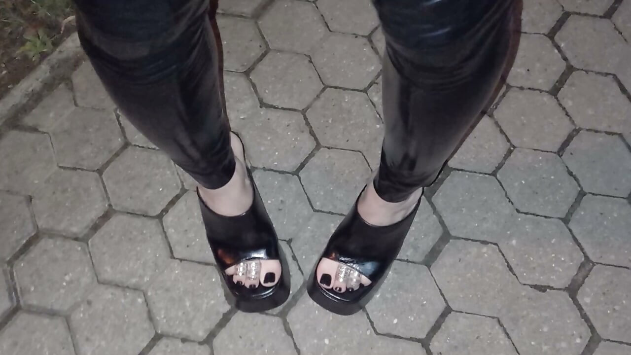 Alone at Night in Ultra-Tight Latex and Platform Mules Just to Make Men Stare and Drool