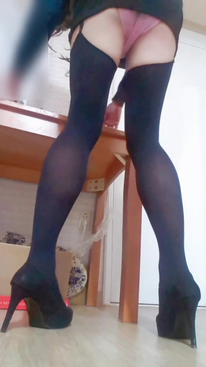 Unforgettable moment from "Young asian sissy in black garterbelt stockings and highheels gives herself an enema and shaves"