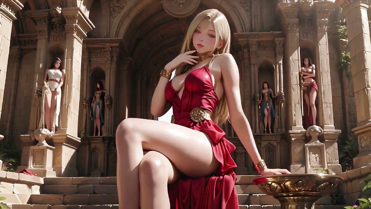 Blonde Queen in Red! Sitting by the Fountain, Adjusting Her Slit Dress. Eyes Locked on You.