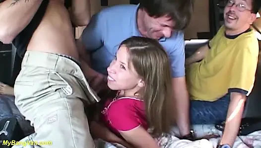 Busty teen picked up for her first bang-van gangbang