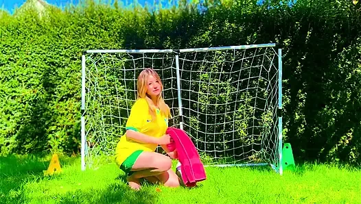 Brazilian Football Girl Jersey Tease to Lingerie Orgasm