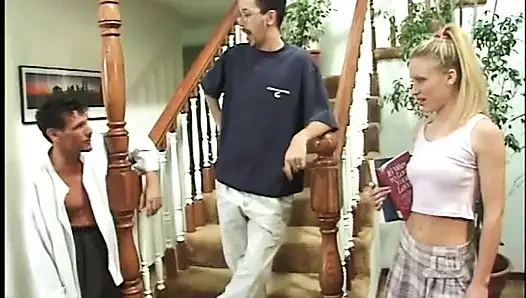 Blond teen doing DP on stairs