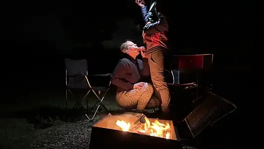 Wife caught masturbating in public restroom, then fucked by the campfire
