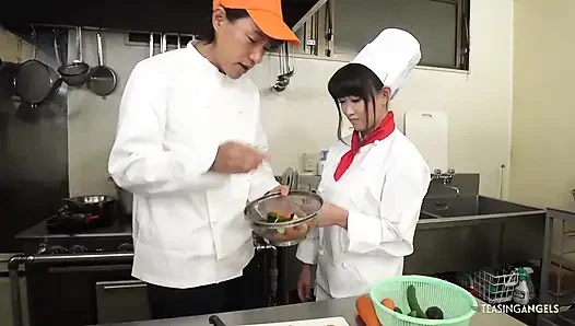 The chef and restaurant management reprimand the Asian cook by instructing her to squeeze thick veggies