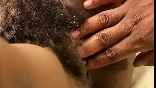 Homie eats black hottie's hairy bush then rams her doggystyle with his big cock