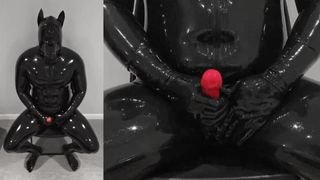 Latex puppy trekt af en komt klaar. zijn nieuwe rubberrealiteit voor hem