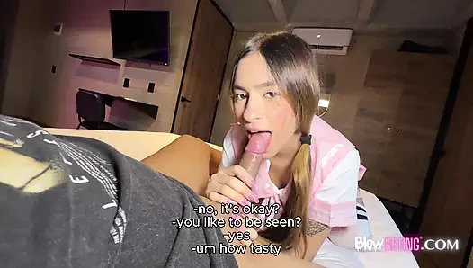 The girl in my class comes into my room to suck my cock in her uniform