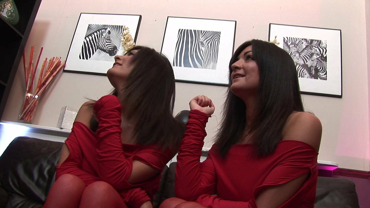 Brunette cuties get fucked and jizzed on by a hard cock hunk