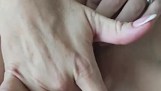 Milf stretches ger pussy wide open so he can shoot his cum deep inside her