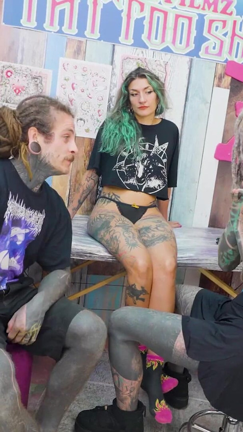 Two girls share BIG COCK during tattoo session and get ANAL fucked | Clip 1