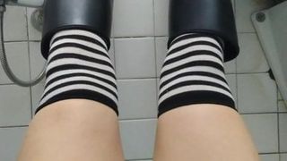 put on boots and stocking cum shot body in WC