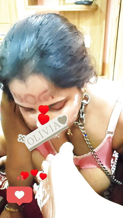 Slave Olivia Desi Slut Housewife worship and Lick feet of Master with cream from Master's feet food porn metal chain boobs out