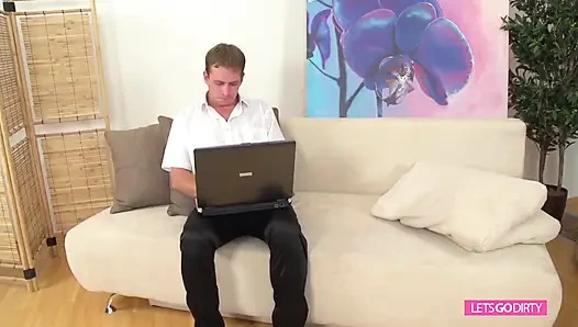 Blond mature slut fucked hard by a young guy on the couch