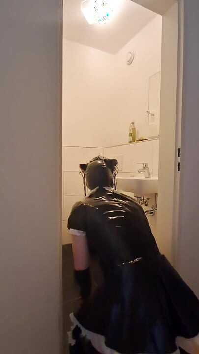 Caged Sissy Maid Slave - Cleaning the Bathroom for Mistress and Her Boyfriend