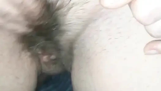 Stroking my hairy pussy in front of my husband