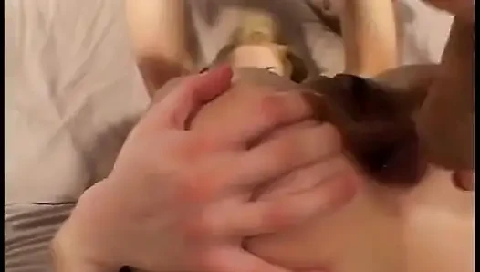 Blue-eyed blonde takes three large cocks